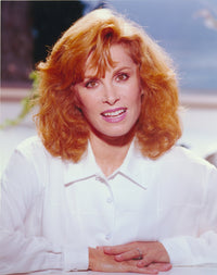 Stefanie Powers smiling portrait photo print in white long sleeves