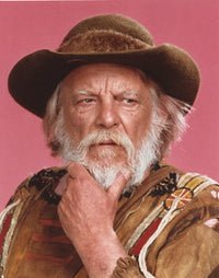 Close-up portrait of Denver Pyle wearing a brown jacket, photo print.