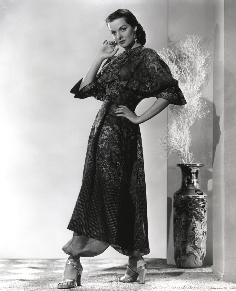 Jane Russell in black sheer silk pointed sleeve dress photo print