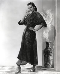 Jane Russell in black sheer silk pointed sleeve dress photo print