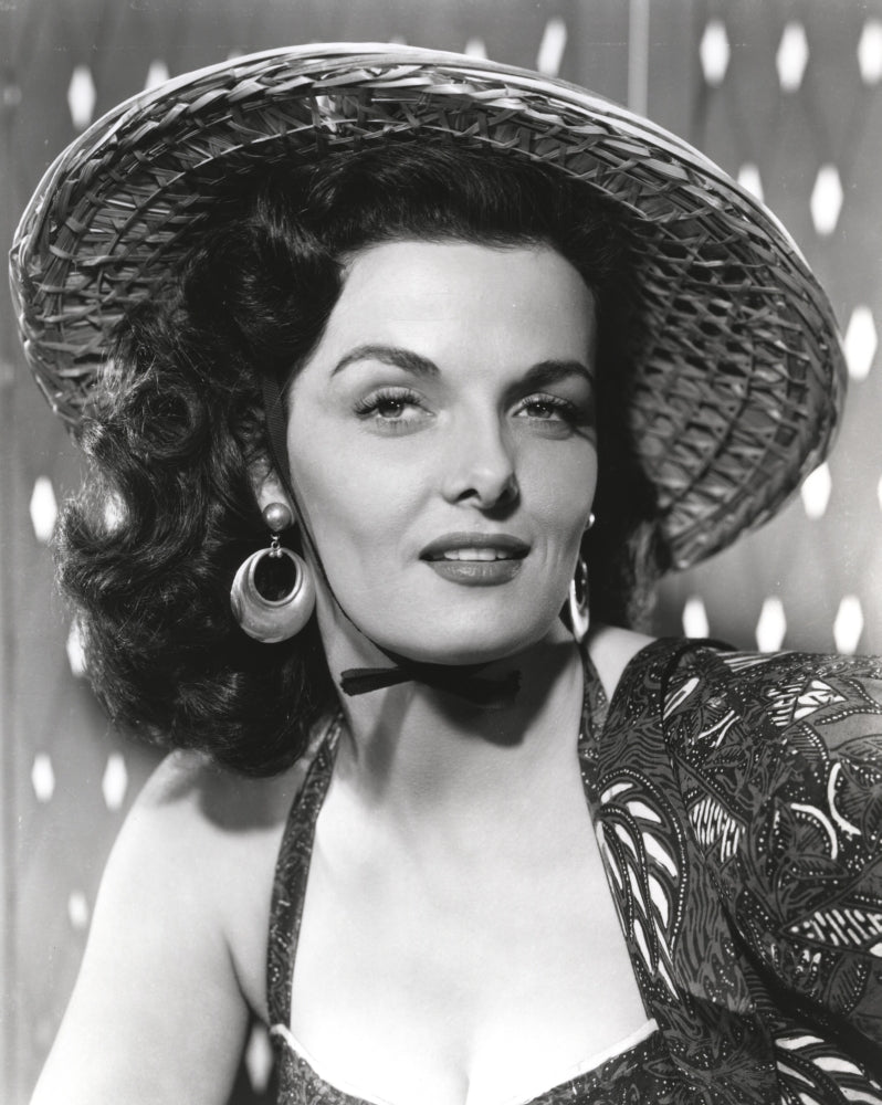 Jane Russell portrait in black strap dress with straw hat photo print