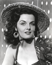 Jane Russell portrait in black strap dress with straw hat photo print