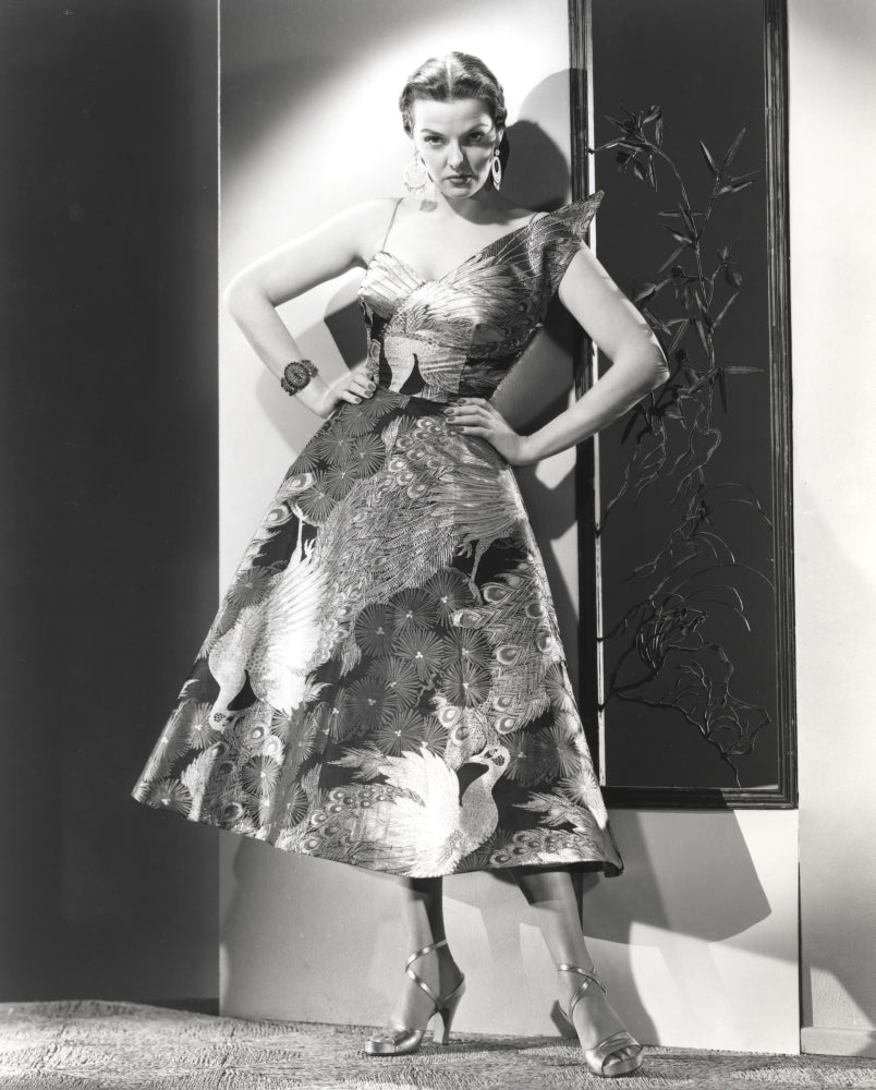Jane Russell posed in silk floral strap dress photo print.