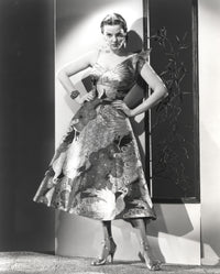 Jane Russell posed in silk floral strap dress photo print.