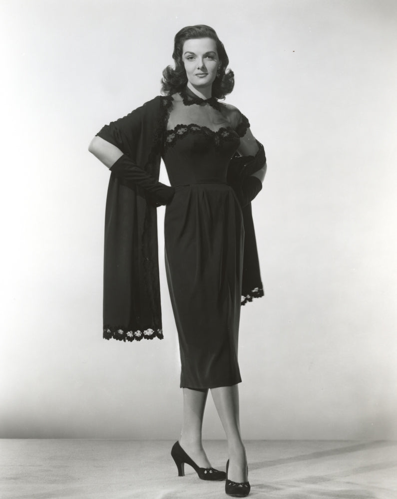 Jane Russell in elegant black sheer silk lace dress photo print.