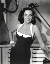 Jane Russell posed in a black linen strap dress with eyes looking to the right photo print