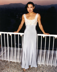 Joan Chen posed elegantly in a white dress photo print