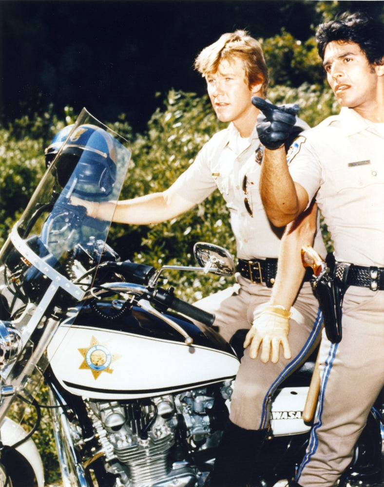 Chips Movie Scene Photo Print featuring a police officer in uniform with a motorcycle.