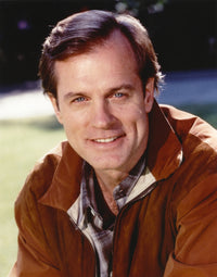 Stephen Collins smiling in a brown leather jacket photo print