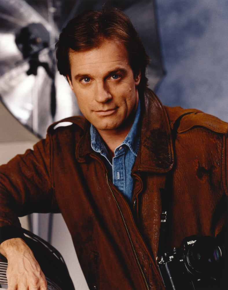 Stephen Collins portrait photo print in brown leather jacket
