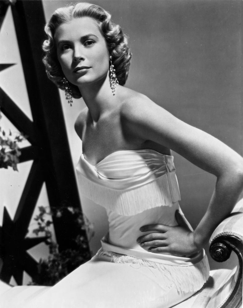 Grace Kelly wearing an evening dress and chandelier earrings photo print