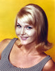 Carol Lynley photo print in stripe tank top on yellow background
