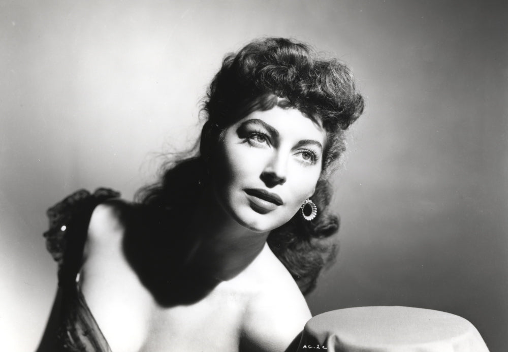 Black and white portrait of Ava Gardner in black gown photo print.