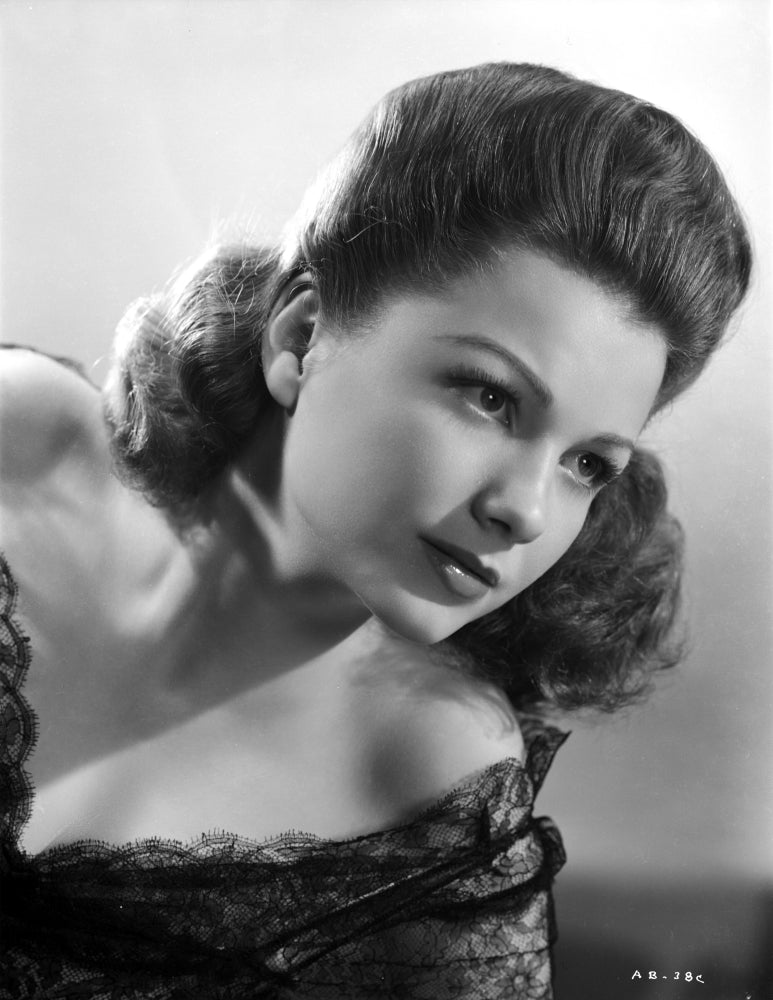 Anne Baxter posed photo print on a lace top, capturing classic Hollywood elegance.