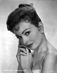 Jeanne Crain portrait in elegant white string strap dress and button earrings photo print