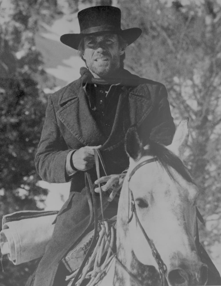 Clint Eastwood Riding Horse Photo Print in Black Coat and Hat
