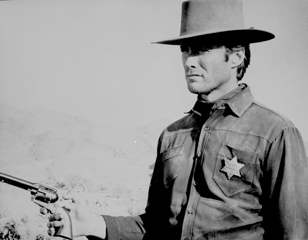 Clint Eastwood portrait in police uniform with pistol, photo print