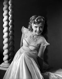 Gloria DeHaven smiling in a white dress - black and white photo print.
