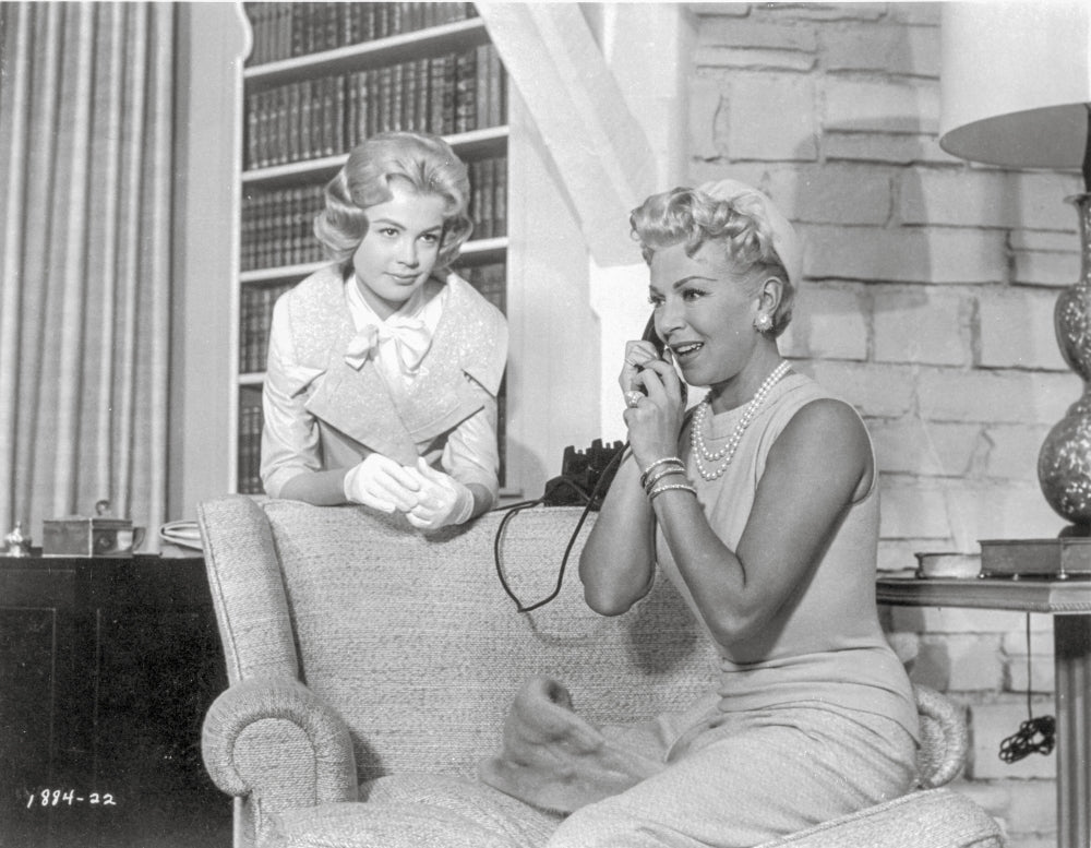 Imitation Of Life Lady in Pearl Necklace talking on phone with child photo print