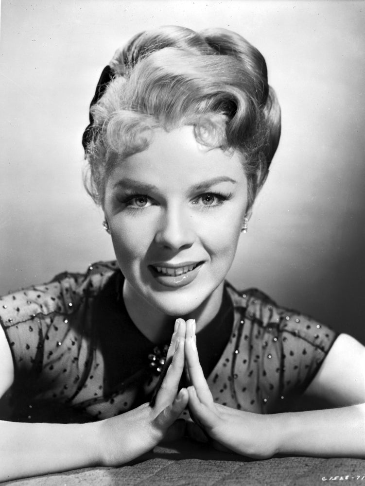 Sally Forrest photo print in prayer pose with see-through top