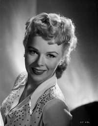 Sally Forrest smiling portrait photo print in a beaded top.