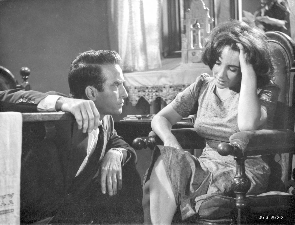 Black and white photo print of Suddenly Last Summer film scene featuring a couple in serious conversation.