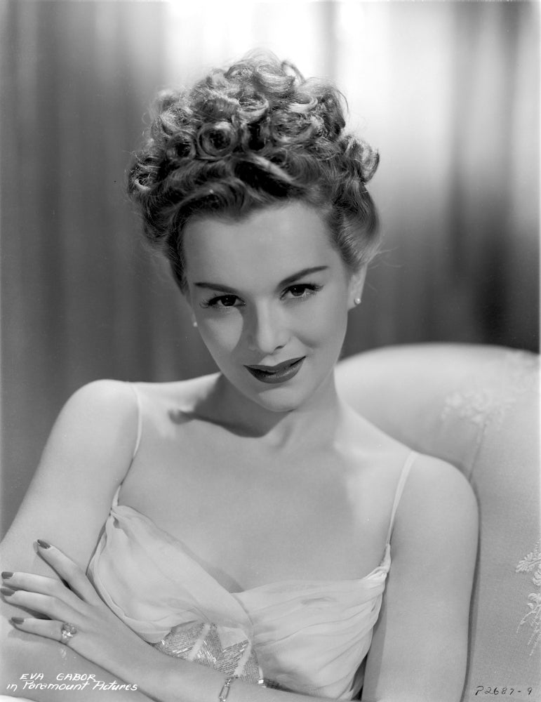 Eva Gabor Photo Print in Spaghetti Strap Top sitting pose.