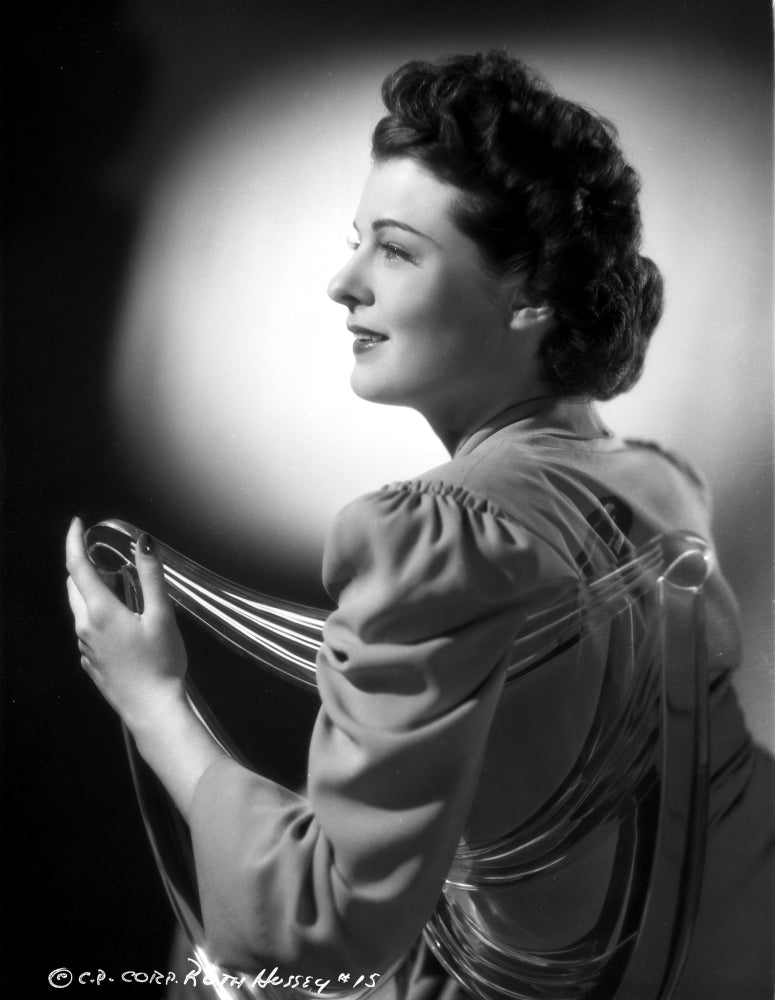 Ruth Hussey Black and White Portrait Photo Print in a long sleeve dress.
