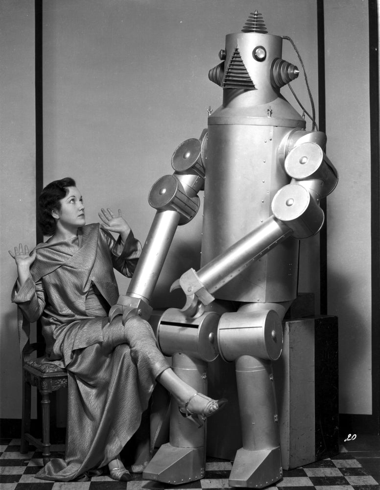 Lois January with Robot in Dress Photo Print featuring whimsical art.