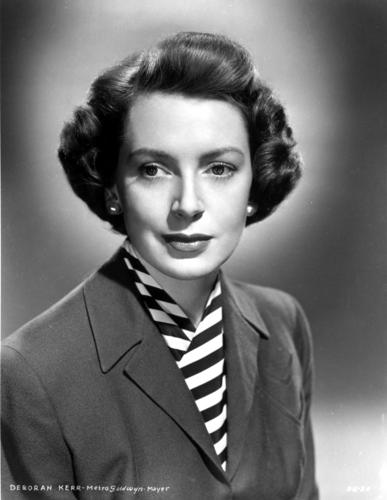 Deborah Kerr stylish photo print in a blazer, vintage Hollywood elegance.