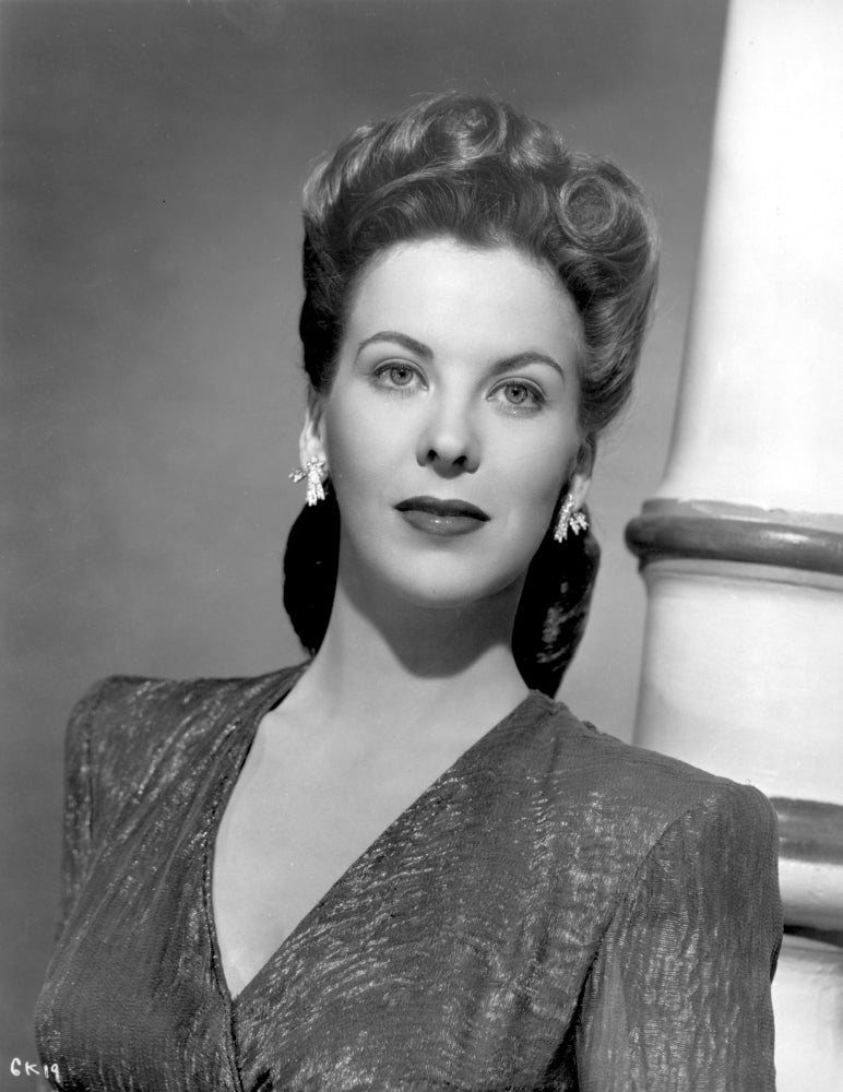Andrea King posed photo print on silk top, showcasing classic Hollywood elegance.