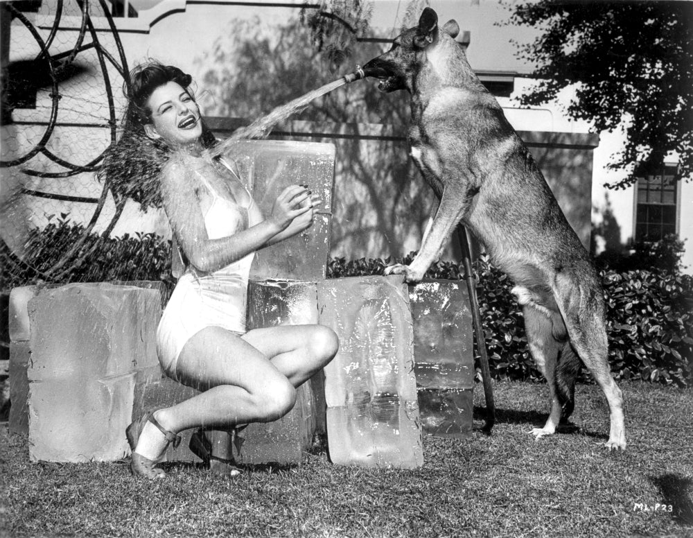 Marjorie Lord vintage photo print in swimsuit with a dog.