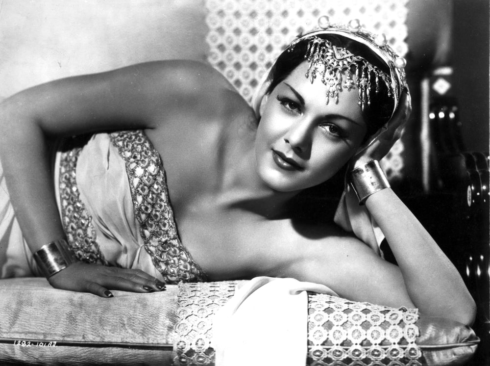 Maria Montez stunning photo print in white strapless dress with headdress.