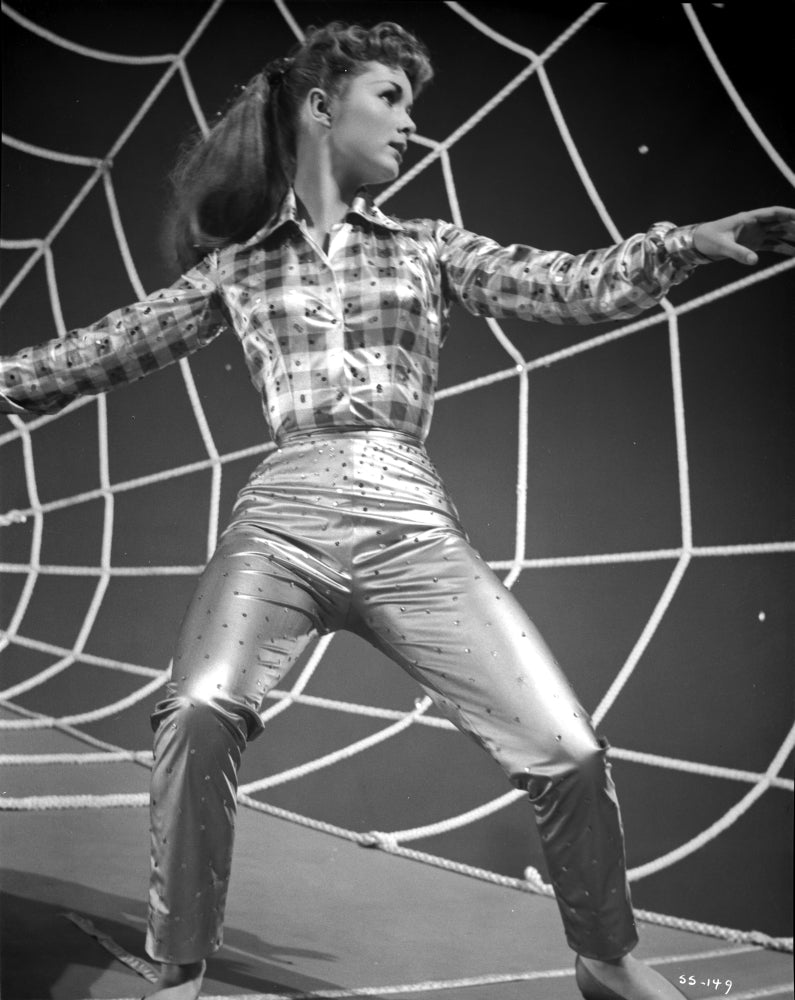 Debbie Reynolds portrait in checkered top on spider web background