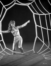 Debbie Reynolds in a checkered top on a spider web backdrop photo print.