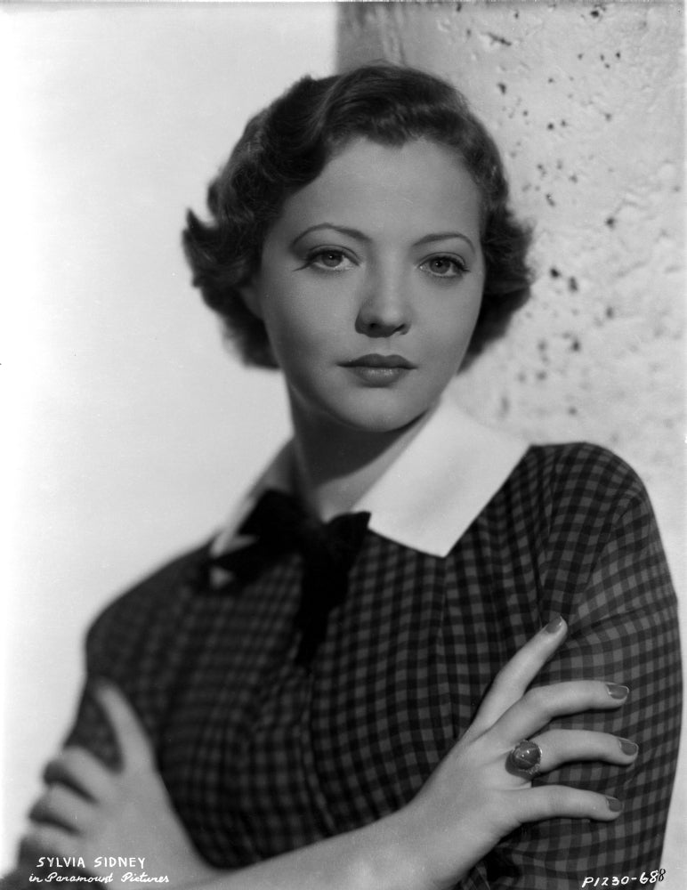 Sylvia Sidney photo print arms crossed in checkered blouse