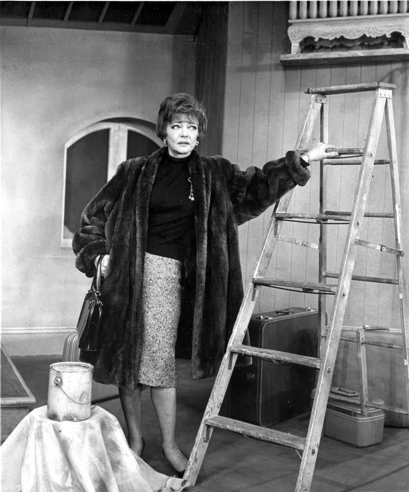 Photo print of Sylvia Sidney in a furry black coat next to a steel ladder.