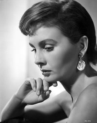 Jean Simmons close-up portrait photo print in shoulder dress and coin earrings.