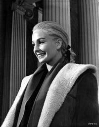 Jean Simmons posed in black linen sport coat and white overcoat photo print