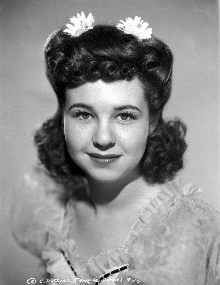 Jane Withers portrait in silk ruffle lace dress and flower headband photo print.
