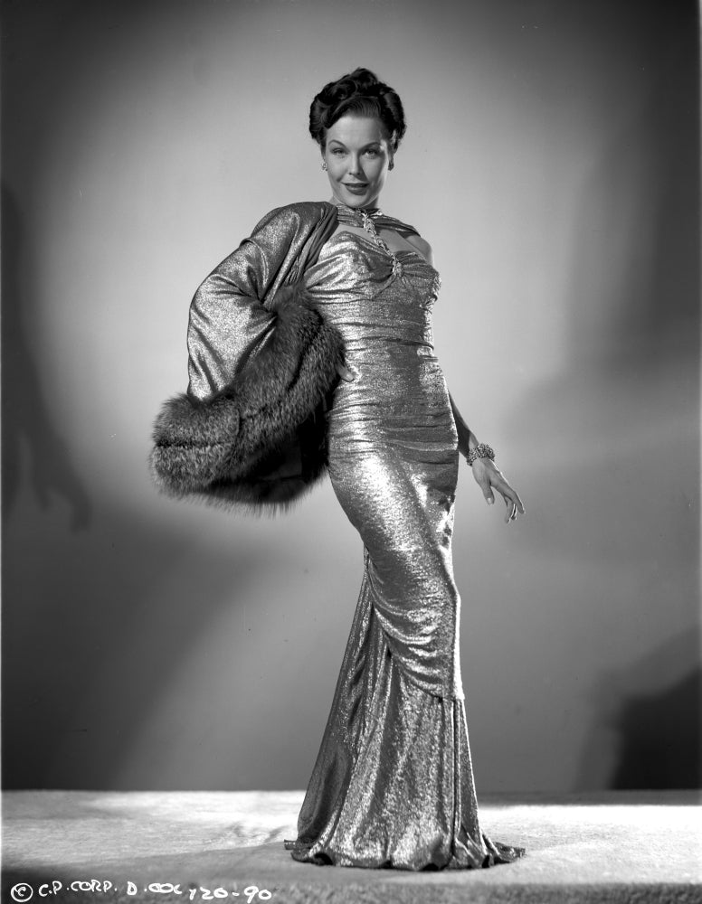 Joan Woodbury elegant photo print in long gown with muffler