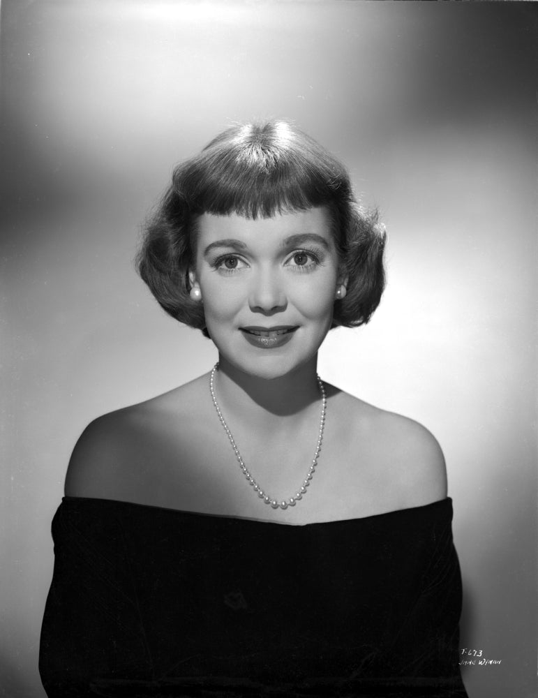 Jane Wyman Portrait in Black Dress with Pearl Earrings and Necklace Photo Print