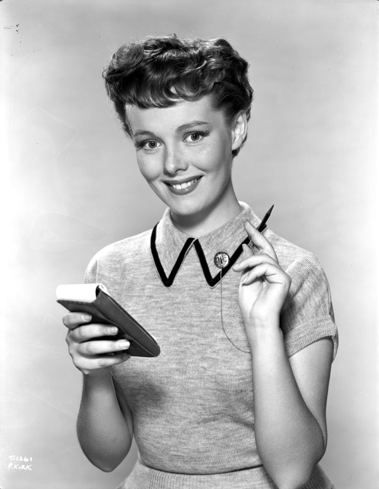 Grayscale portrait of Phyllis Kirk wearing a collar shirt photo print