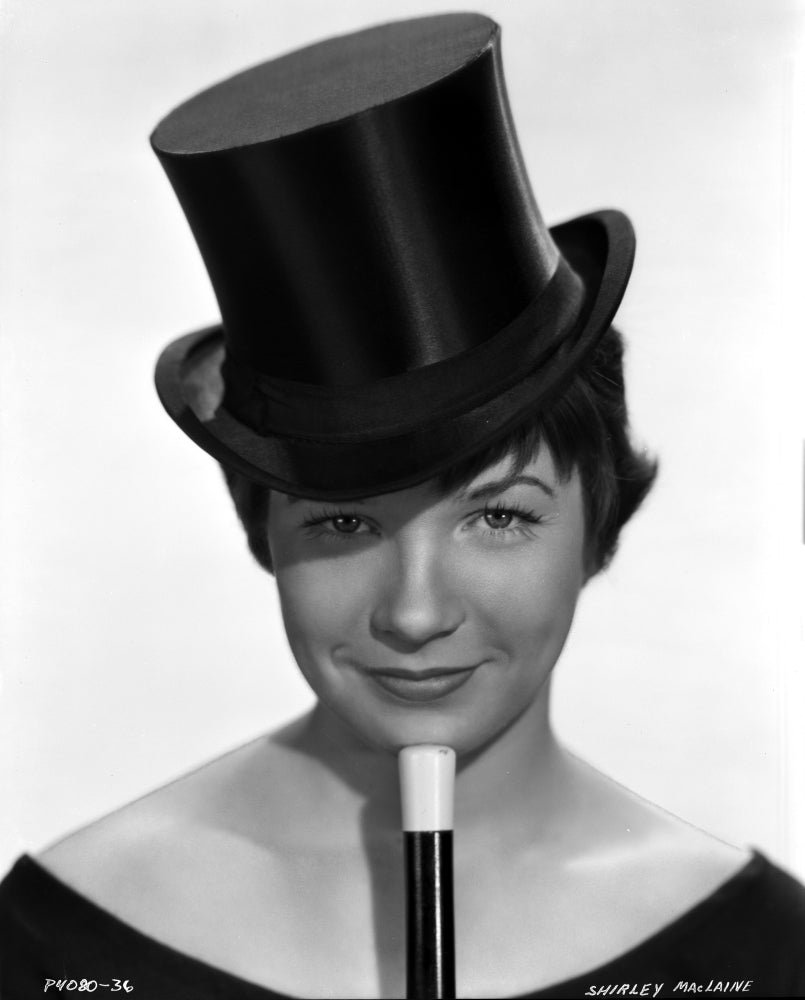 Shirley MacLaine portrait in black top hat and black dress photo print