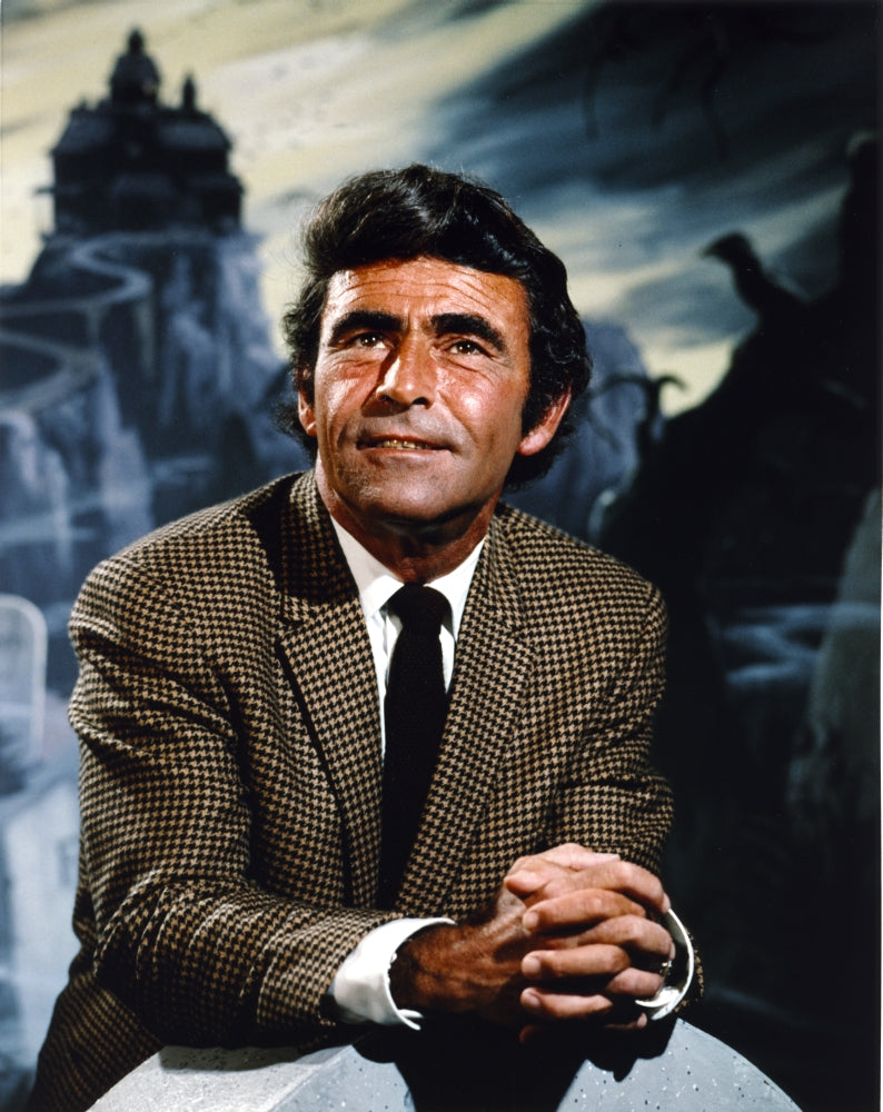 Rod Serling smiling and leaning on a gravestone photo print.