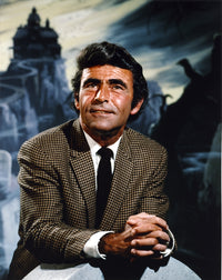 Rod Serling smiling and leaning on a gravestone photo print.