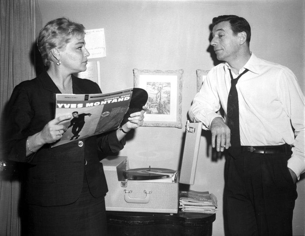 Film still featuring iconic actress Simone Signoret in black and white.
