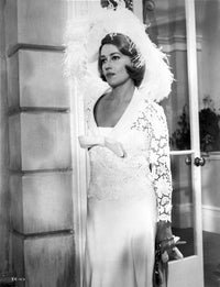 Jeanne Moreau in white V-neck lace dress and feather hat photo print