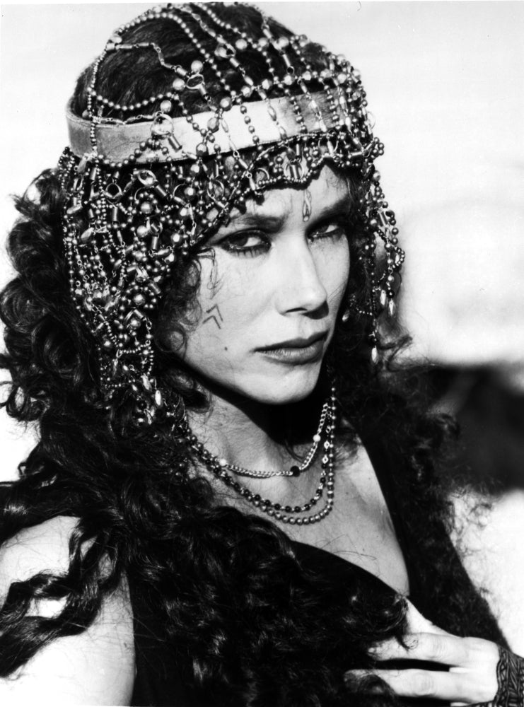 Barbara Hershey wearing metal headdress black and white portrait photo print.