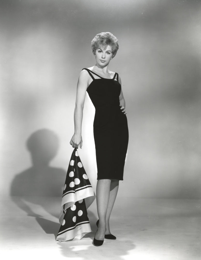 Stella Stevens black and white portrait photo print, elegant pose with scarf.